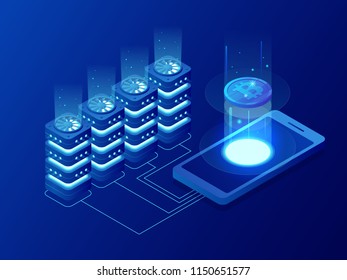 Isometric mining Bitcoin farm. Cryptocurrency, blockchain, bitcoin mining concept. Big data processing, server room rack vector illustration