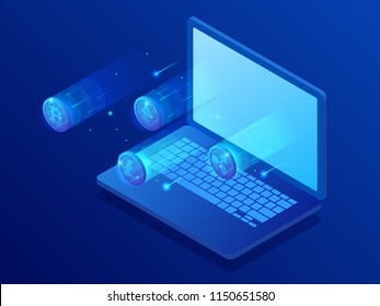 Isometric mining Bitcoin farm. Cryptocurrency, blockchain, bitcoin mining concept. Big data processing, server room rack vector illustration