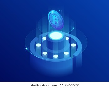 Isometric mining Bitcoin farm. Cryptocurrency, blockchain, bitcoin mining concept. Big data processing, server room rack vector illustration