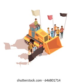 Isometric mining composition with group of human characters holding placards and protest flags near bulldozer vector illustration