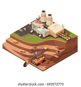 Isometrische Bergbauzusammensetzung mit Bildern von Fabrikgebäuden und Tagebau mit mineralischer Ausrüstung zur Gewinnung von Vektorgrafik
