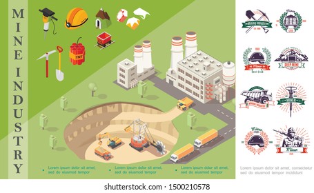 Isometric mining concept with industrial machines in quarry near factory miner helmet precious stones dynamite trolley drill shovel pickaxe mine industry emblems vector illustration