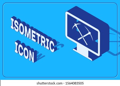 Isometric Mining concept with laptop and pickaxe icon isolated on blue background. Blockchain technology, cryptocurrency mining, digital money market.  Vector Illustration