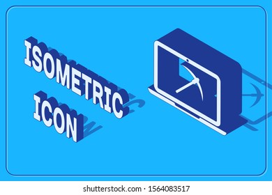 Isometric Mining concept with laptop and pickaxe icon isolated on blue background. Blockchain technology, cryptocurrency mining, digital money market.  Vector Illustration