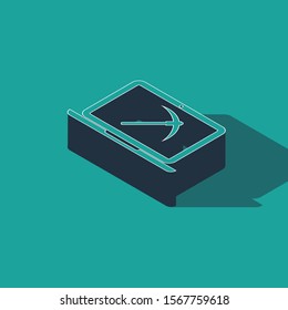 Isometric Mining concept with laptop and pickaxe icon isolated on green background. Blockchain technology, cryptocurrency mining, digital money market.  Vector Illustration