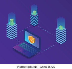Isometric mining farm concept. cryptocurrency mining . Bitcoin mining farm, laptop . Network, e-commerce, bitcoin trading, Vector 3d isometric illustration