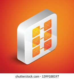 Isometric Mining farm icon isolated on orange background. Cryptocurrency mining, blockchain technology, bitcoin, digital money market, cryptocoin wallet. Silver square button. Vector Illustration