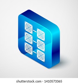 Isometric Mining farm icon isolated on white background. Cryptocurrency mining, blockchain technology, bitcoin, digital money market, cryptocoin wallet. Blue square button. Vector Illustration
