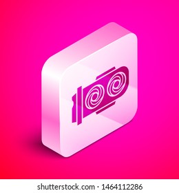 Isometric Mining farm icon isolated on pink background. Cryptocurrency mining, blockchain technology, digital money market, cryptocoin wallet. Silver square button. Vector Illustration