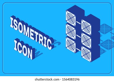 Isometric Mining farm icon isolated on blue background. Cryptocurrency mining, blockchain technology, bitcoin, digital money market, cryptocoin wallet.  Vector Illustration