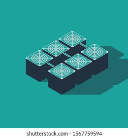 Isometric Mining farm icon isolated on green background. Cryptocurrency mining, blockchain technology, bitcoin, digital money market, cryptocoin wallet.  Vector Illustration