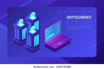 Isometric mining farm landing page concept. Bitcoin mining farm, cryptocurrency mining concept. Blockchain server room racks and laptop on ultraviolet background. Vector 3d isometric illustration