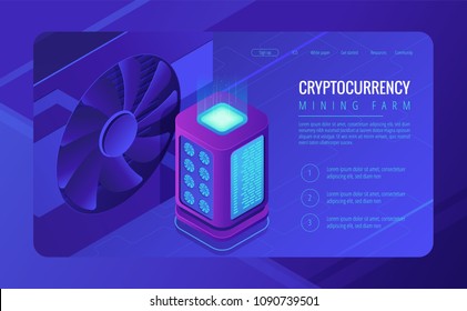 Isometric mining farm landing page concept. Blockchain server mining farm, cryptocurrency mining concept. Rack server and GPU cooler on ultraviolet background. Vector 3d isometric illustration