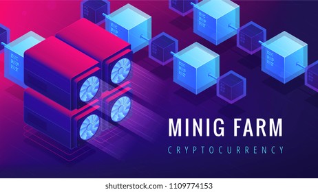 Concepto de página de aterrizaje de la granja de minería isométrica. Explotación minera de GPU, concepto de minería de criptodivisa. Red de servidor Blockchain en fondo ultravioleta. Ilustración isométrica vectorial 3d.