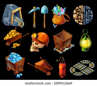 Isometric Mining Game Elemens Set With Pick Shovel Minerals Gold Gems Stones Lantern Skull Helmet Dynamite Trolleys Railroad Isolated Vector Illustration