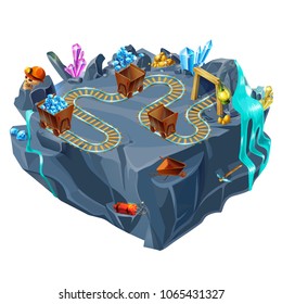 Isometric mining game island template with railway trolleys wheelbarrow crystals gold diamonds pick dynamite skull lantern isolated vector illustration