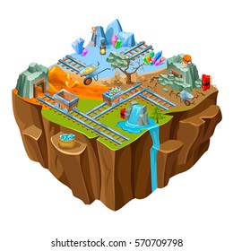 Isometric mining game island template with jewels stones minerals railway dynamite waterfall trolley instruments isolated vector illustration