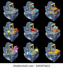 Juego de minería isométrica islas colección con carros minerales oro dinamita cráneo casco linternas cristales recoger Ilustración vectorial aislada