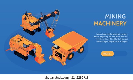 Isometric mining horizontal banner with clickable more button editable text and images of heavy yellow bulldozers vector illustration