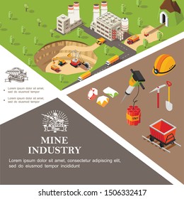 Isometric mining industry colorful template with industrial machines factory mine precious stones miner helmet trolley dynamite hammer drill shovel pickaxe vector illustration