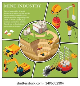 Isometric mining industry composition with gold extraction area near factory heavy truck excavator quarry machine hammer drill dynamite gems shovel pickaxe helmet vector illustration