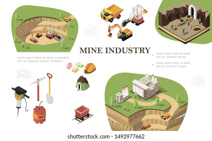 Isometric mining industry composition with industrial machines digging quarry miners working near mine factory drill pickaxe shovel dynamite trolley precious stones helmet vector illustration