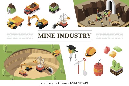 Isometric mining industry composition with quarry machine excavator heavy truck workers mine precious stones hammer drill pickaxe dynamite helmet shovel trees vector illustration