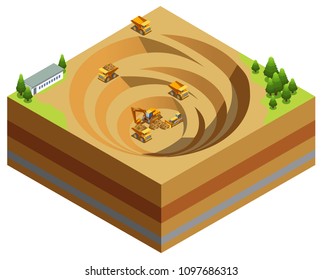 Isometric mining industry concept with dump trucks excavator bulldozer working in quarry for diamond extraction isolated vector illustration