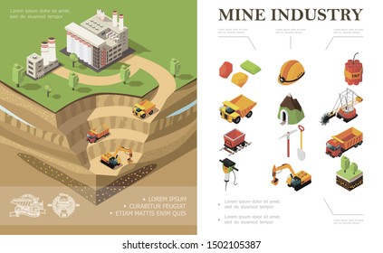 Isometric mining industry concept with factory industrial vehicles digging quarry mine precious stones dynamite shovel pickaxe trees hammer drill miner helmet vector illustration