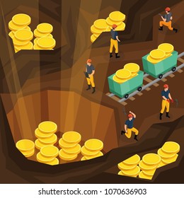 Isometric mining industry concept with miners working in mine and extracting gold coins symbolising resources vector illustration