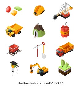 Isometric Mining Industry Elements Set With Vehicles Pick Helmet Diamonds Dynamite Trolley Shovel Drill Trees Isolated Vector Illustration