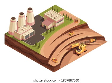 Isometric mining industry and power generating. Composition with images of factory buildings and opencast mine with extractive equipment for quarrying. Industrial vehicles working in extraction area