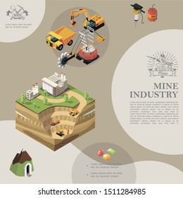 Isometric mining industry template with heavy truck quarry machine excavator gold extraction area near industrial plant mine hammer drill dynamite vector illustration