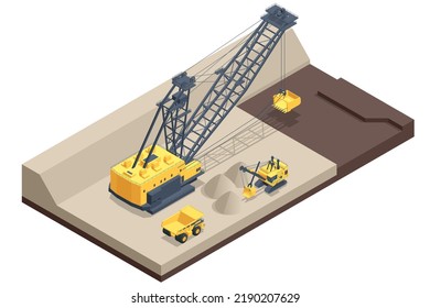 Isometric mining quarry, mine with large quarry dump truck and dragline excavator. Coal mine. Equipment for high-mining industry, Mining clay in quarry.