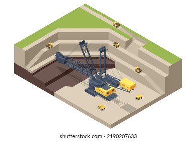 Isometric mining quarry, mine with large quarry dump truck and Bucket-wheel excavator. Coal mine. Equipment for high-mining industry. Bucket-wheel excavator mining lignite