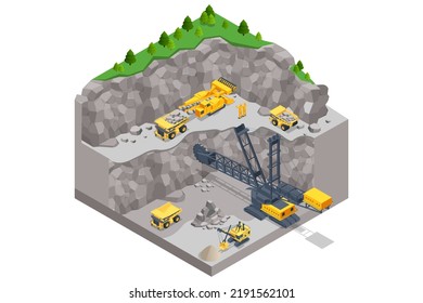 Isometric mining quarry, mine with large quarry dump truck and Bucket-wheel excavator. Equipment for high-mining industry. Bucket-wheel excavator mining lignite.