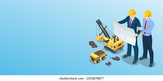 Isometric mining quarry, mine with large quarry dump truck and power shovel. Coal mine. Equipment for high-mining industry