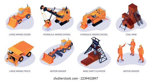Isometric mining set of isolated compositions with orange machinery vehicles coal mine elevator buildings and miners vector illustration