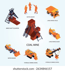 Isometric mining set of isolated compositions with orange machinery vehicles coal mine elevator buildings and miners vector illustration