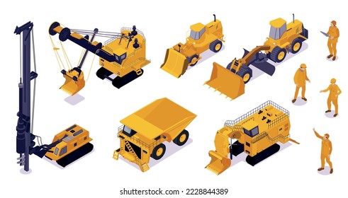 Isometric mining set with isolated images of heavy machinery units yellow bulldozers excavators on blank background vector illustration