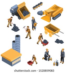 Isometric mining set of isolated machinery images with orange truck bulldozers lorries excavators and various equipment vector illustrations. EPS 10