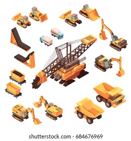 Isometric mining set of isolated machinery images with orange trucks bulldozers lorries excavators and various equipment vector illustration