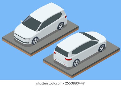 Isometric Minivan Car template for branding and advertising. Multi purpose vehicle, people carrier mover, SUV, 5-door minivan car. Minivan, Passenger Van Car isolated.