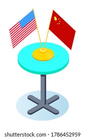 Isometric mint color round table illustration, American and Chinese flags. Symbol of partnerships, trade, cooperation. Negotiations of the countries. Trade relations, finance and cooperation.