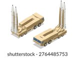 Isometric missile launcher vehicle with two ballistic rockets in vertical firing position and transport mode. Desert military equipment mobile weapon platform, strategic defense, missile launches