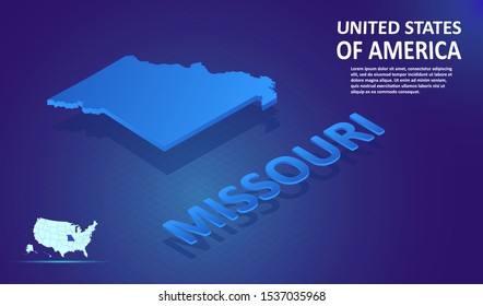 Isometric MISSOURI State map on blue and glowing background. 3D Detailed Map in perspective with place for your text or description.Technology Information Graphic Elements for Website, app, UI, Travel