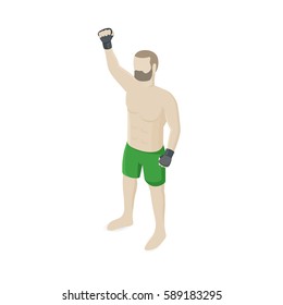 Isometric MMA Fighter isolated on white background. Winner raised his hand up. Vector flat illustration.
