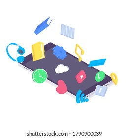Isometric mobile app flat application design user interface device icon smartphone screen vector illustration. 3d software concept applications phones interfaces ui symbol isolated on white background
