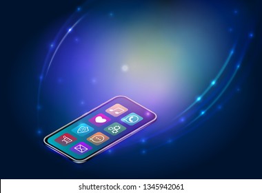 Isometric mobile app layout concept with social media icons menu on touchscreen. Banner template with realistic 3d smartphone on abstract background. Flat vector illustration