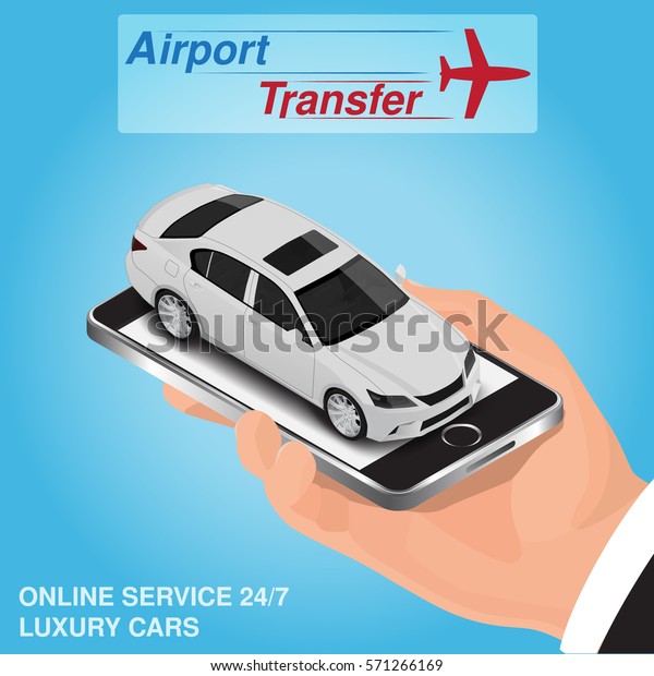 Isometric mobile app online airport transfer order\
concept. 